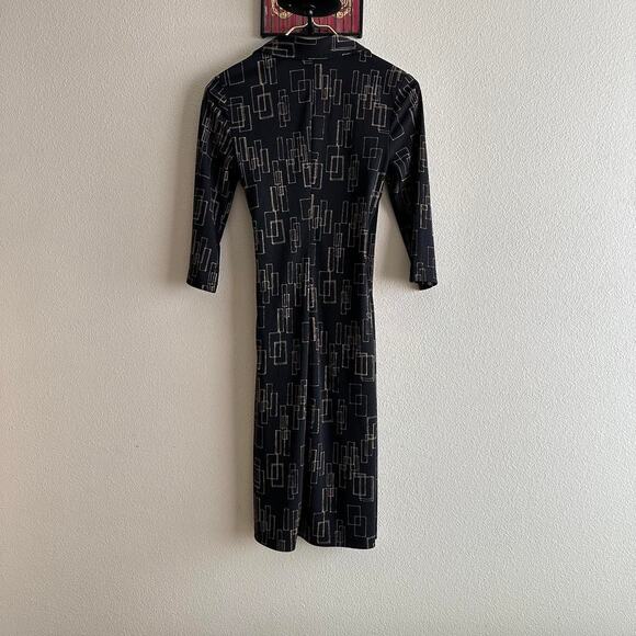 Vintage La Belle black gold retro abstract 3/4 sleeve wrap midi dress size S - Picture 10 of 10